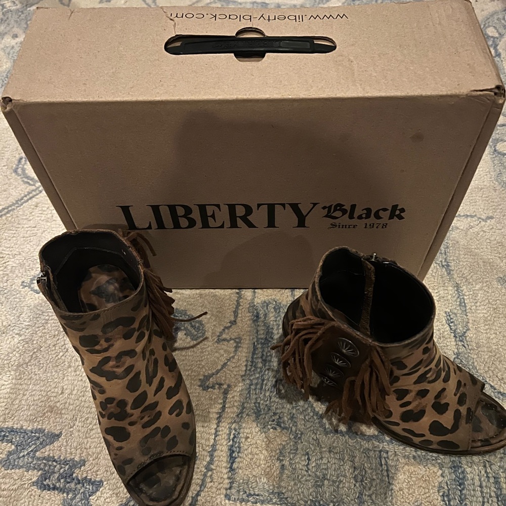 LIBERTY Black Leopard Fringe Ankle Booties